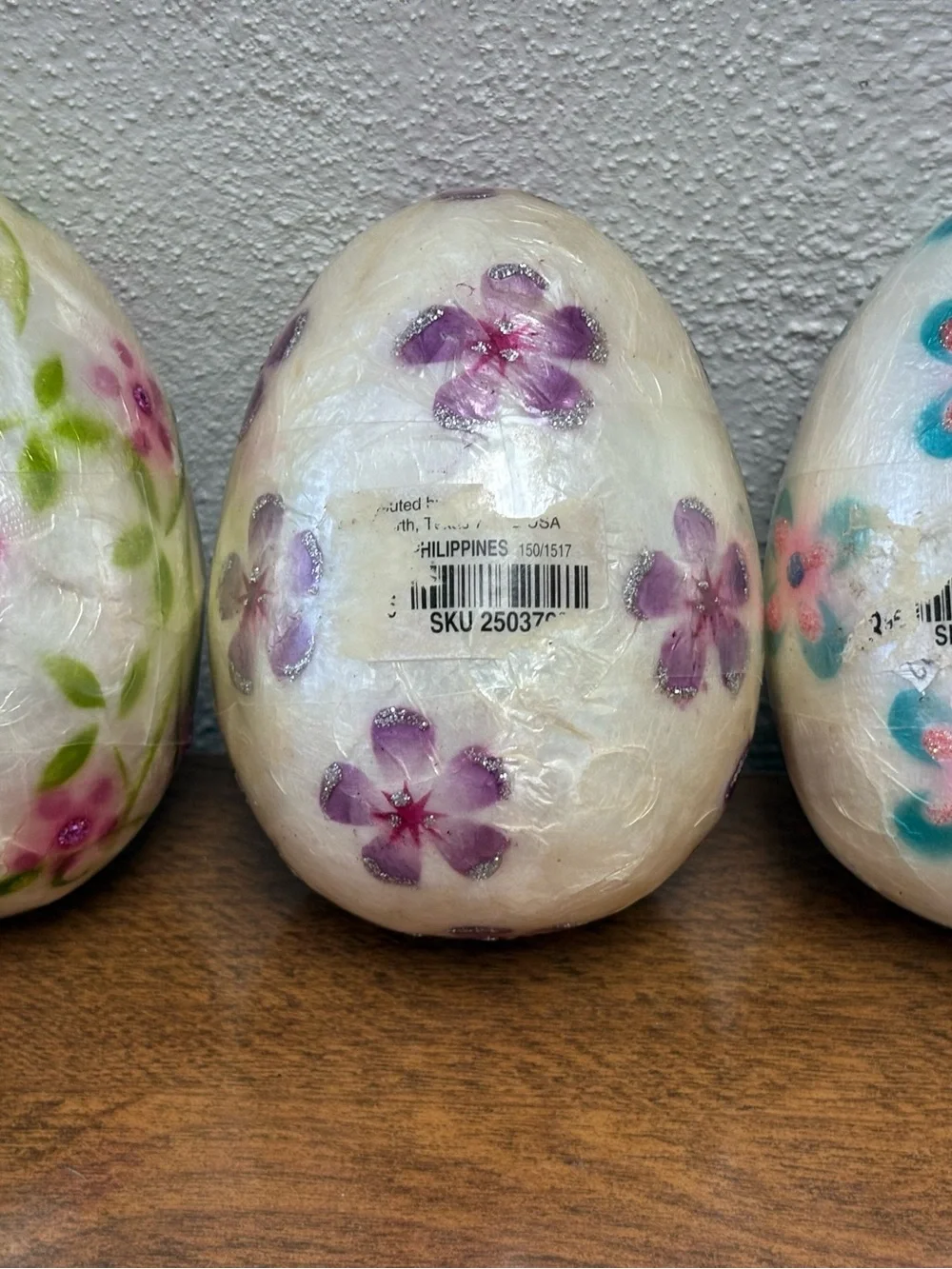 Vintage Pier 1 Imports Capiz Shell Floral Easter Eggs Set of 3 Handcrafted